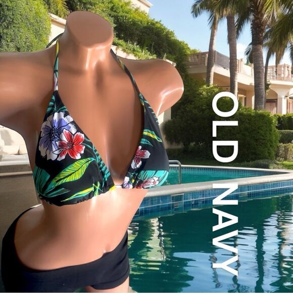 Old Navy Swimwear l Triangle Bikini Top l Black w/ floral print l Tie back l EUC - Picture 1 of 7